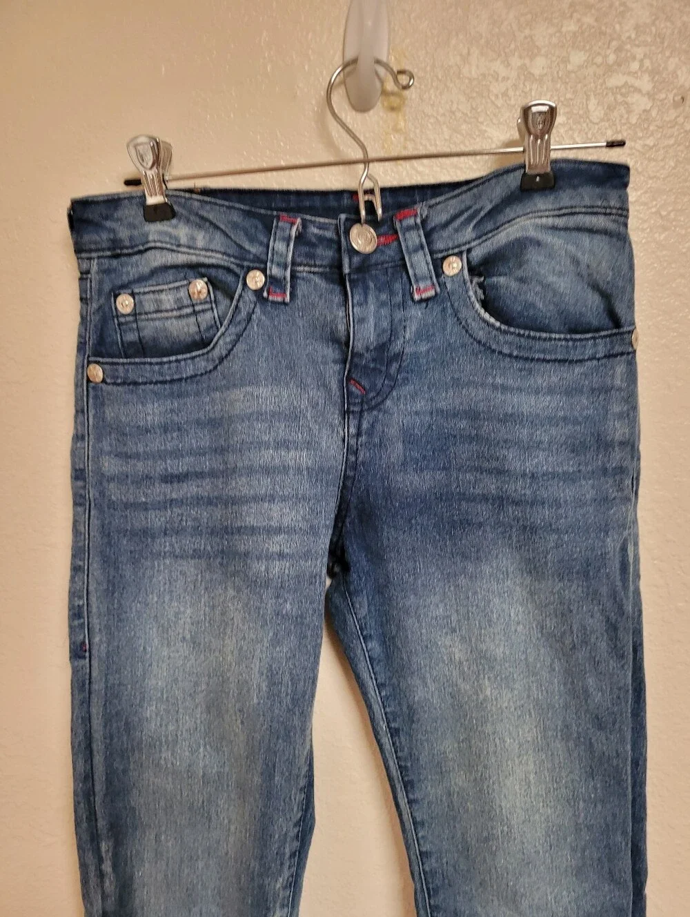 Boys True Religion Geno Slim Blue Jeans With Red Stitching